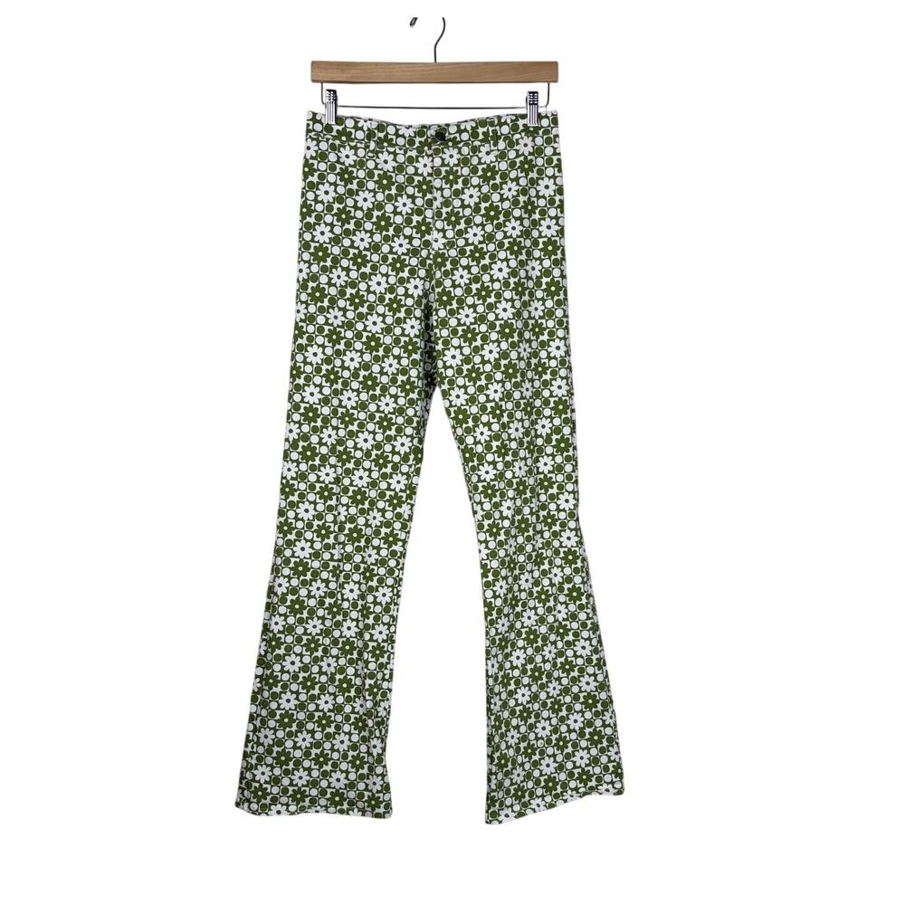 Motel Rocks Zoven Green Daisy Flare Jeans Pants Size M 70s Boho Festiva